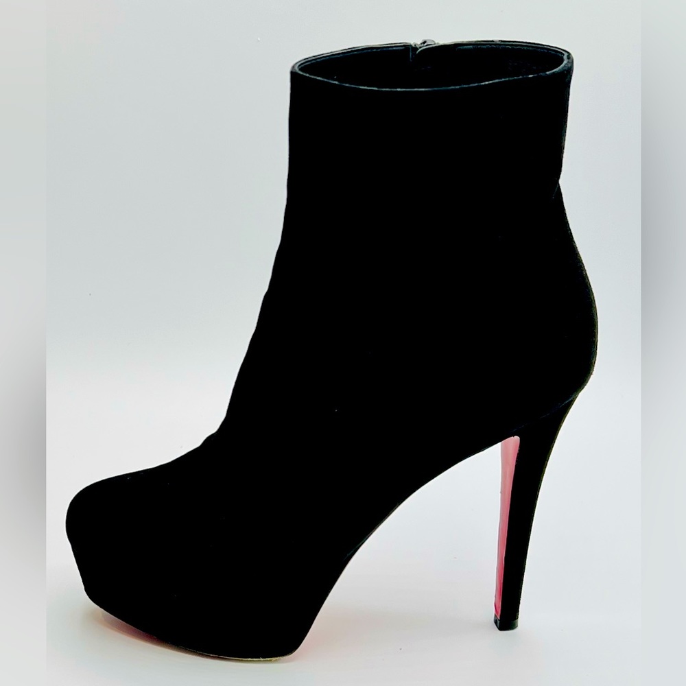 CHRISTIAN LOUBOUTIN Black Suede Bianca 120, 1.5” Platform Ankle Boots Sz 36.5 - Picture 3 of 7